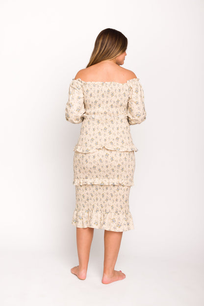 Lila Floral Printed Smocked Midi Dress in Blue - Bump Friendly