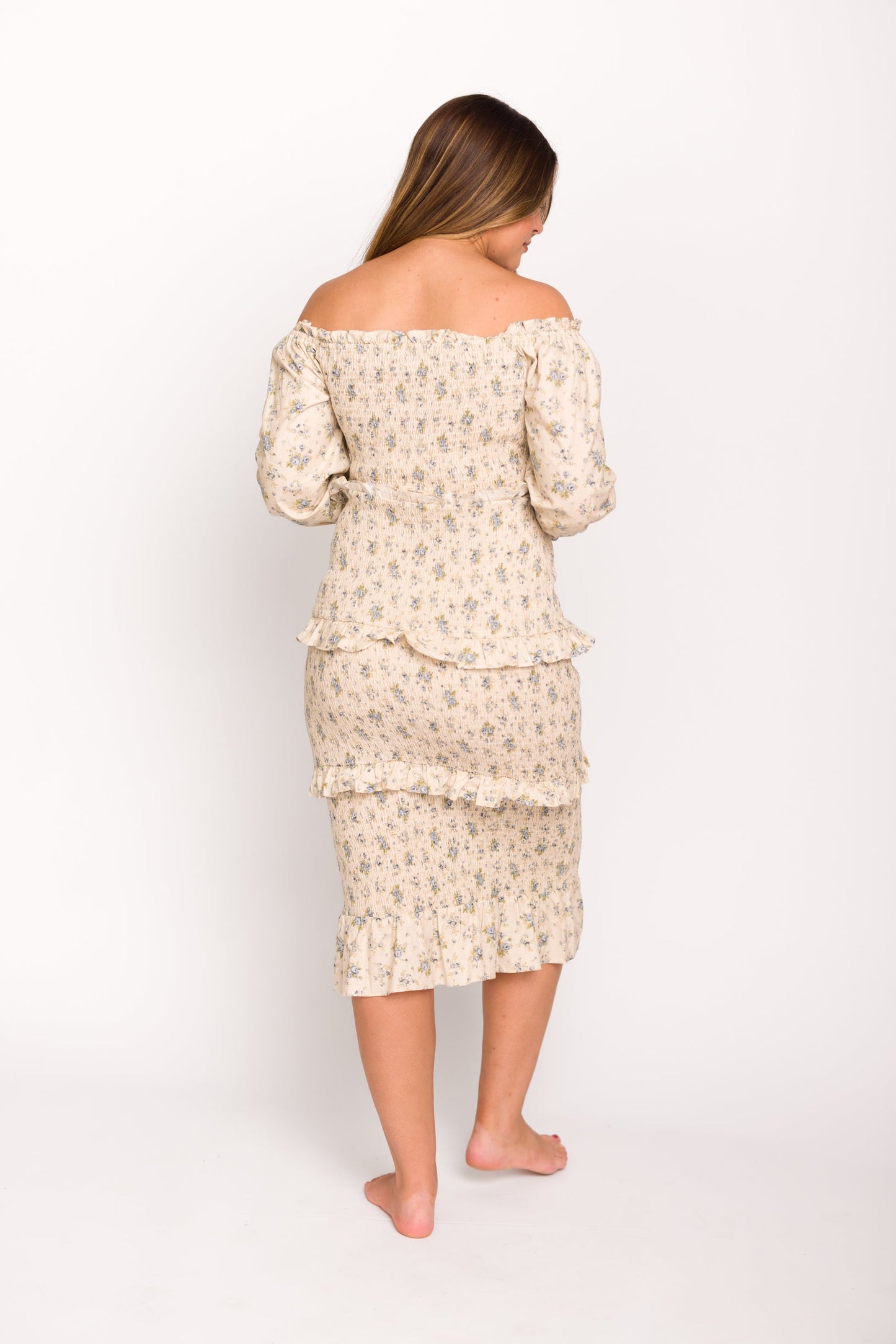 Lila Floral Printed Smocked Midi Dress in Blue - Bump Friendly