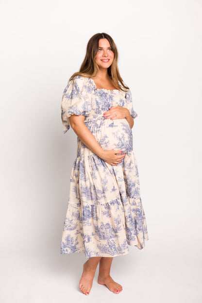 Elena 100% Cotton Toile Print Smocked Midi Dress in Blue - Bump Friendly