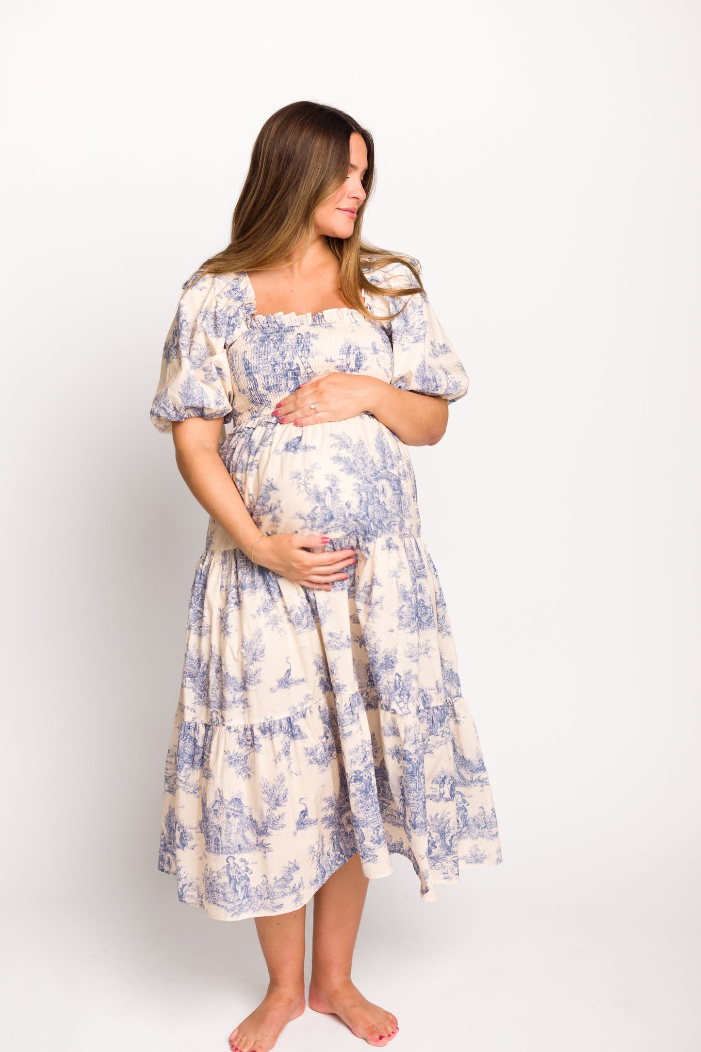 Elena 100% Cotton Toile Print Smocked Midi Dress in Blue - Bump Friendly