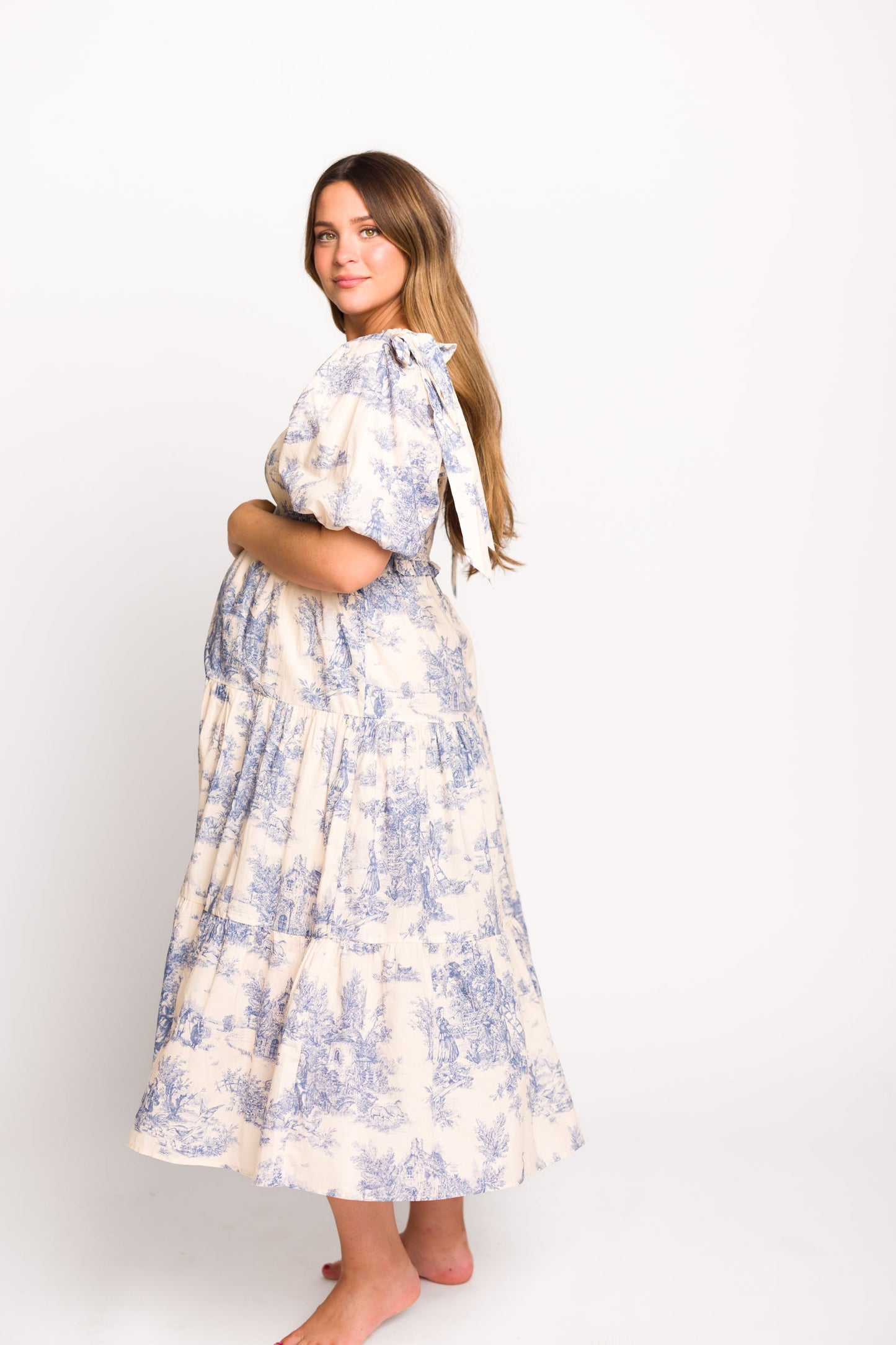 Elena 100% Cotton Toile Print Smocked Midi Dress in Blue - Bump Friendly