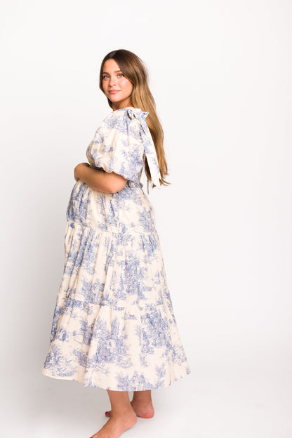 Elena 100% Cotton Toile Print Smocked Midi Dress in Blue - Bump Friendly