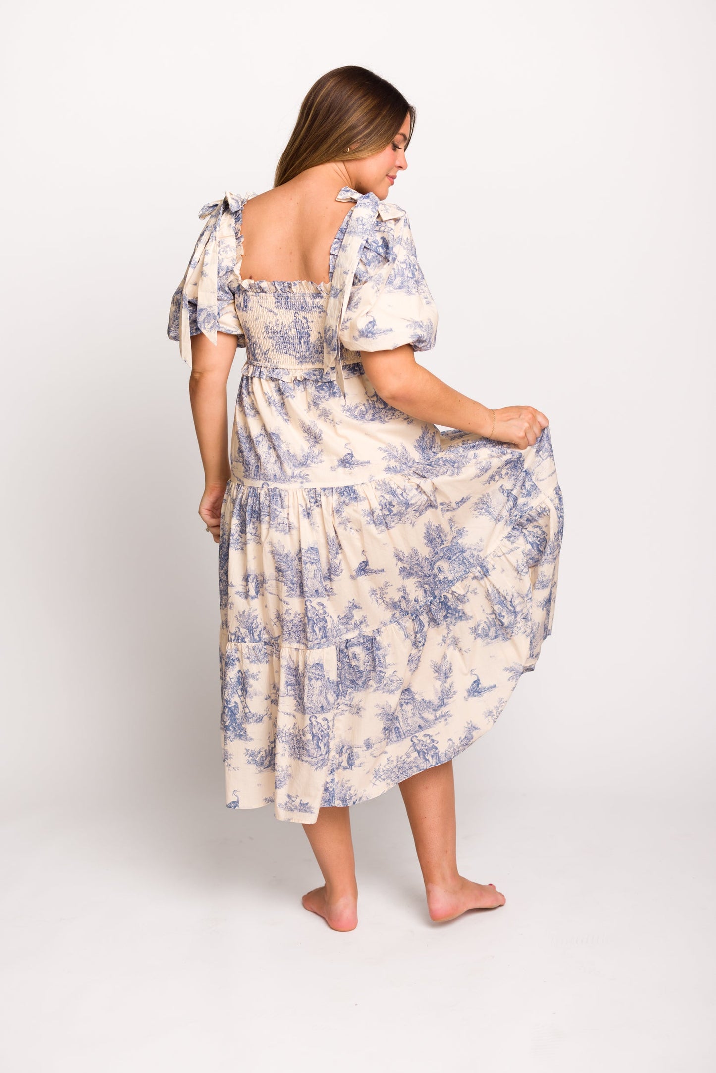 Elena 100% Cotton Toile Print Smocked Midi Dress in Blue - Bump Friendly