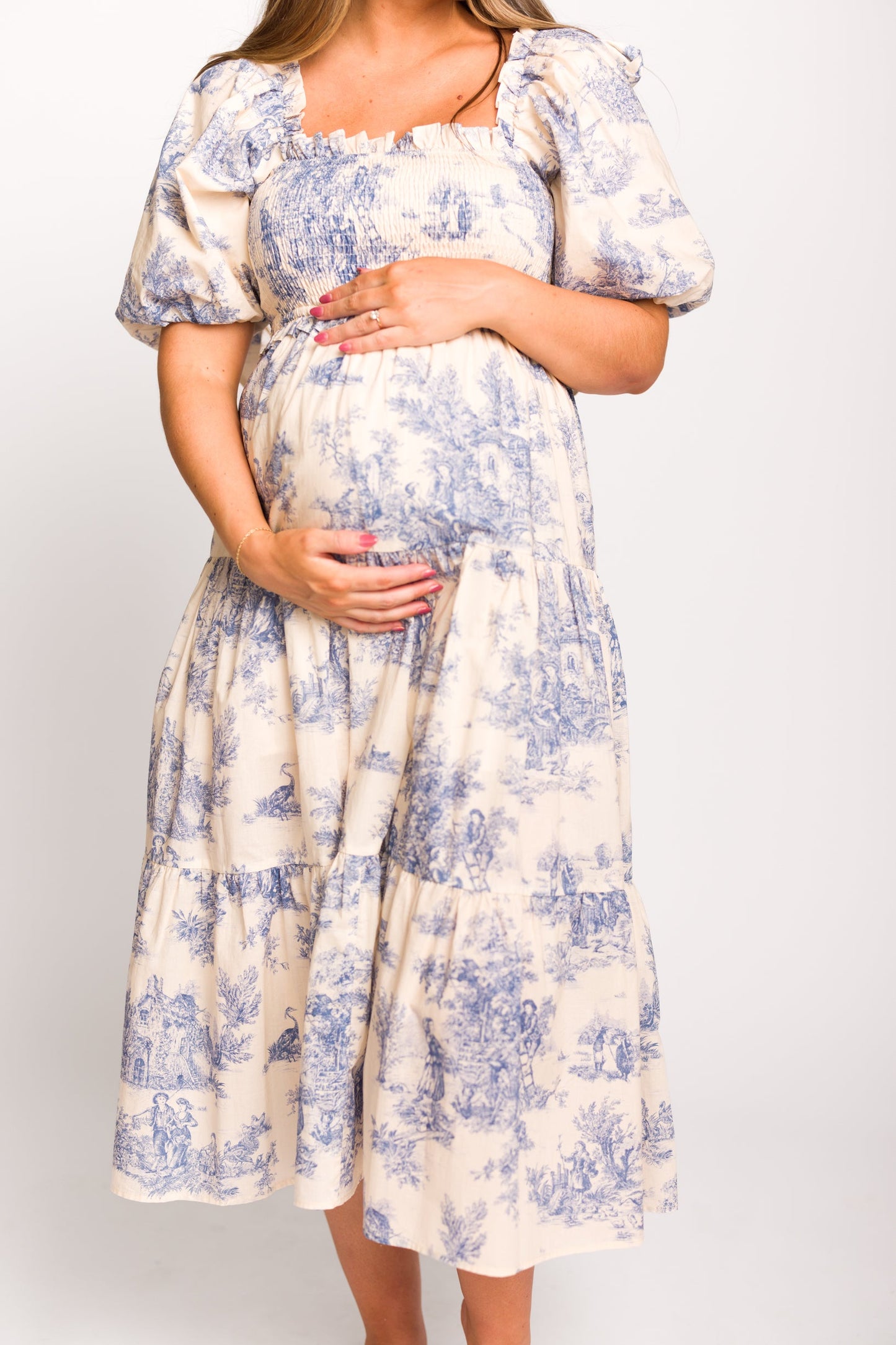 Elena 100% Cotton Toile Print Smocked Midi Dress in Blue - Bump Friendly