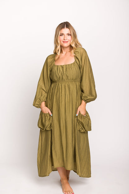 Ariana Long Sleeved Maxi Dress with Slouchy Pocket in Olive