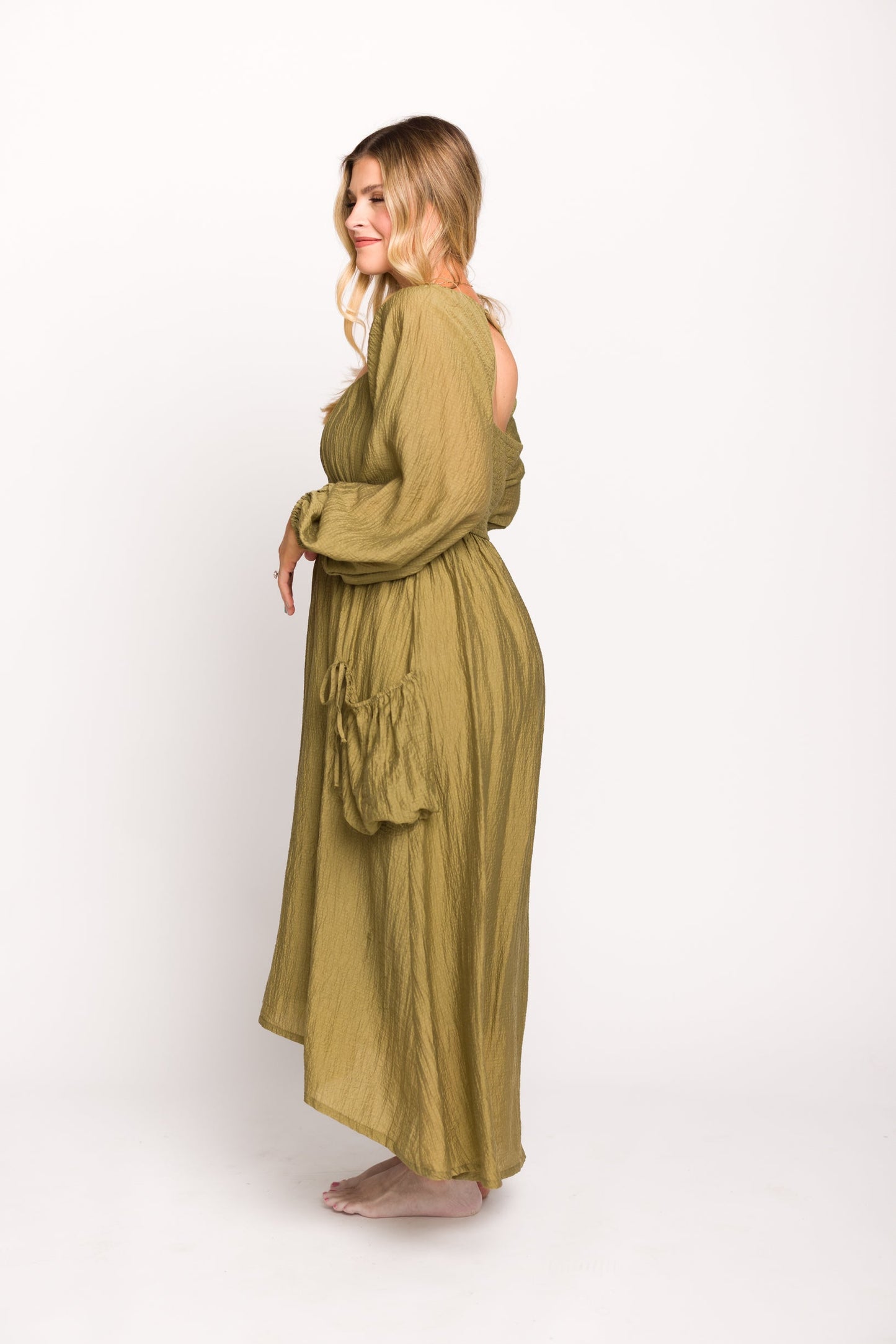 Ariana Long Sleeved Maxi Dress with Slouchy Pocket in Olive