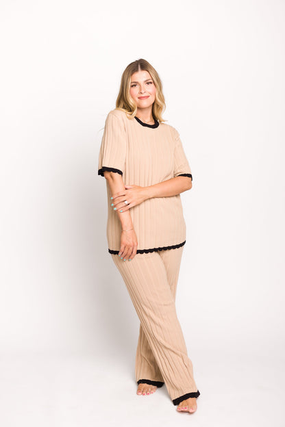 Adele Ribbed Knit Top and Pants Set in Light Taupe