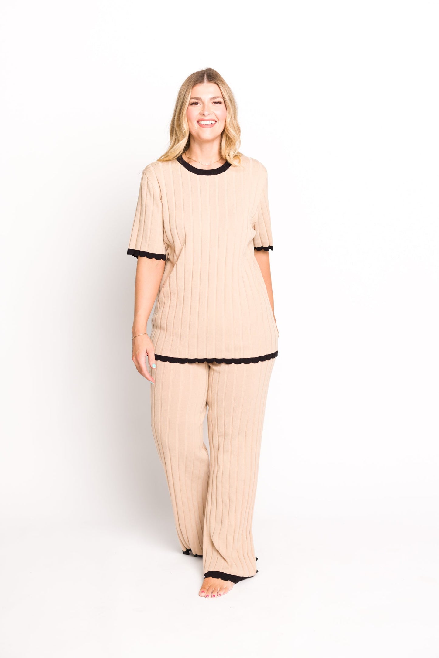 Adele Ribbed Knit Top and Pants Set in Light Taupe