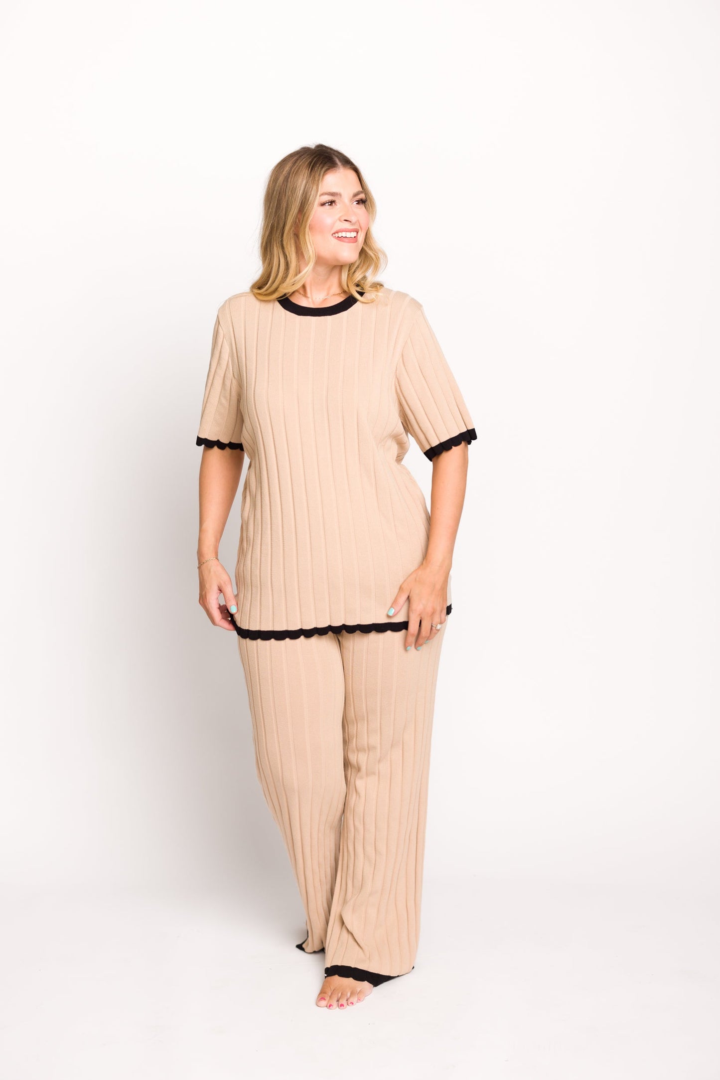 Adele Ribbed Knit Top and Pants Set in Light Taupe