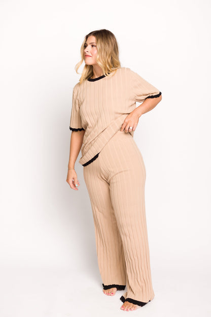 Adele Ribbed Knit Top and Pants Set in Light Taupe