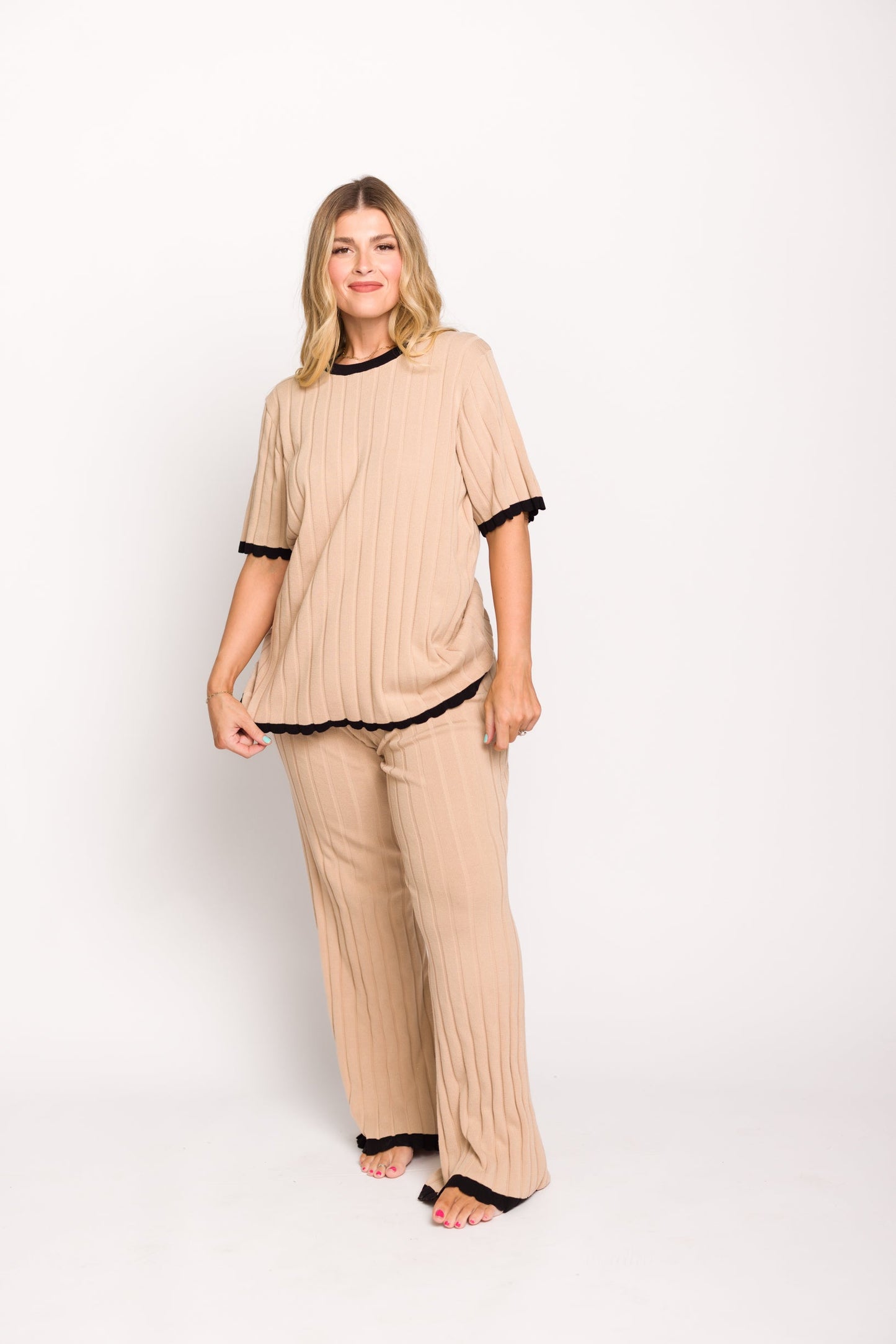 Adele Ribbed Knit Top and Pants Set in Light Taupe