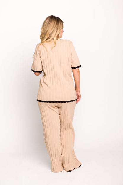 Adele Ribbed Knit Top and Pants Set in Light Taupe