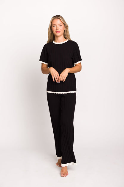 Adele Ribbed Knit Top and Pants Set in Black