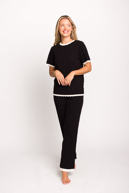 Adele Ribbed Knit Top and Pants Set in Black