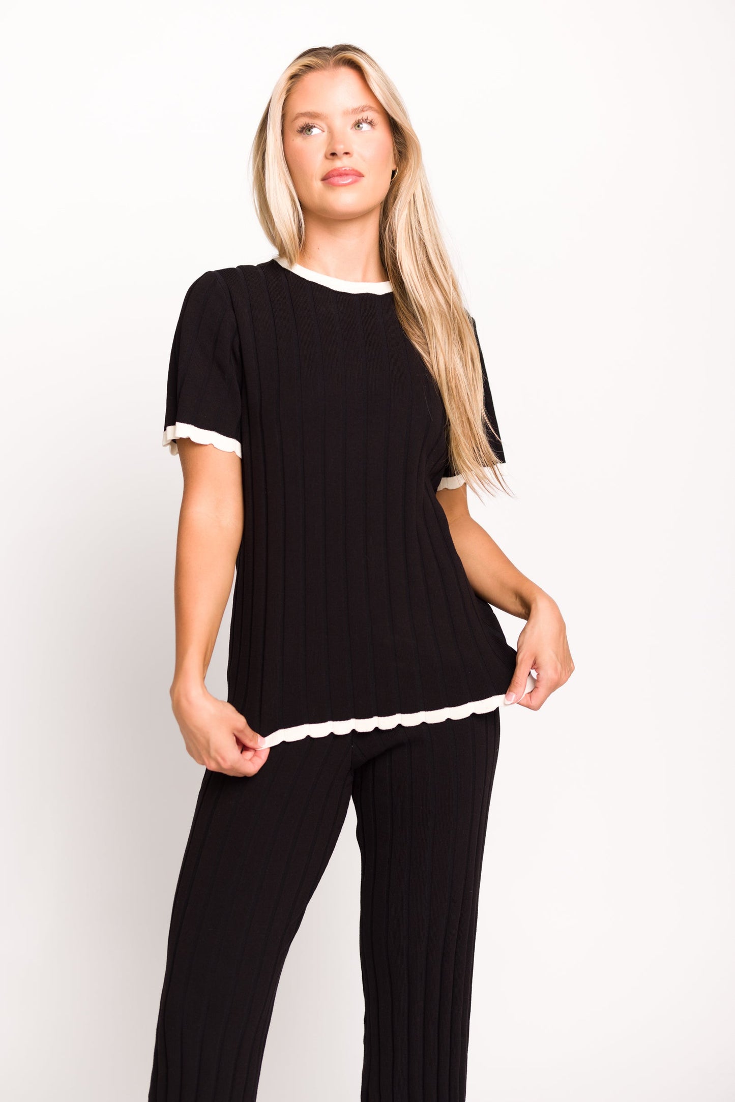 Adele Ribbed Knit Top and Pants Set in Black