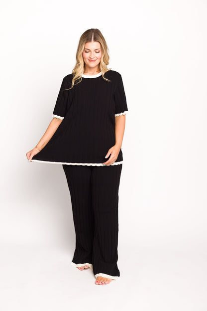 Adele Ribbed Knit Top and Pants Set in Black