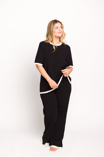 Adele Ribbed Knit Top and Pants Set in Black