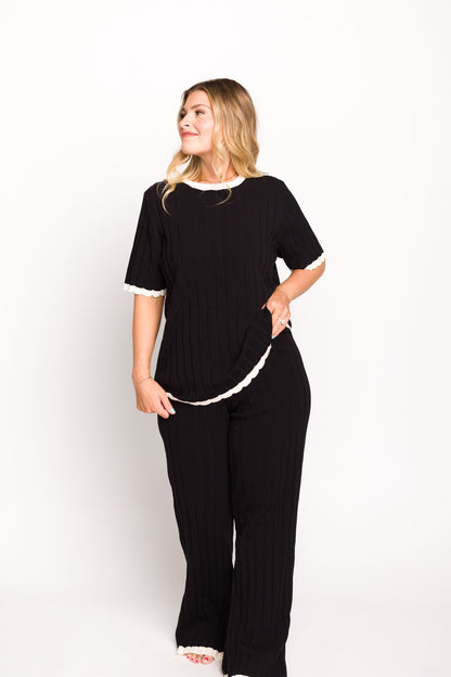 Adele Ribbed Knit Top and Pants Set in Black