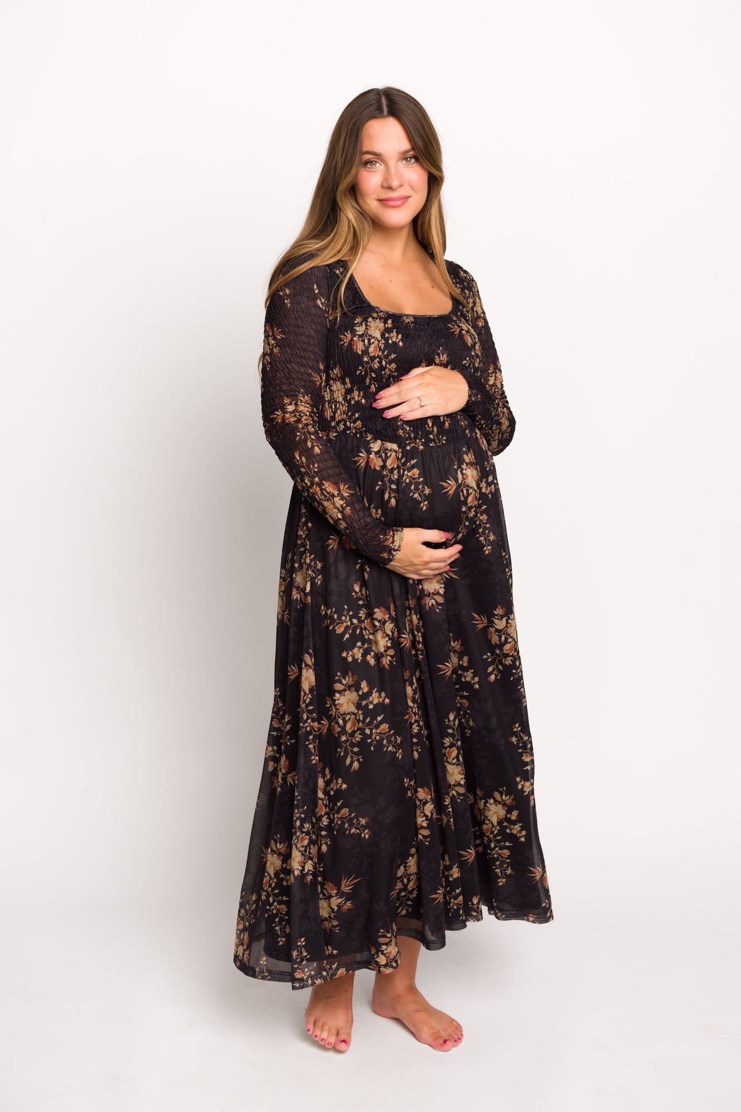 Honor Floral Smocked Woven Maxi Dress in Black - Bump Friendly