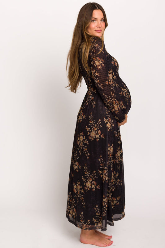 Honor Floral Smocked Woven Maxi Dress in Black - Bump Friendly