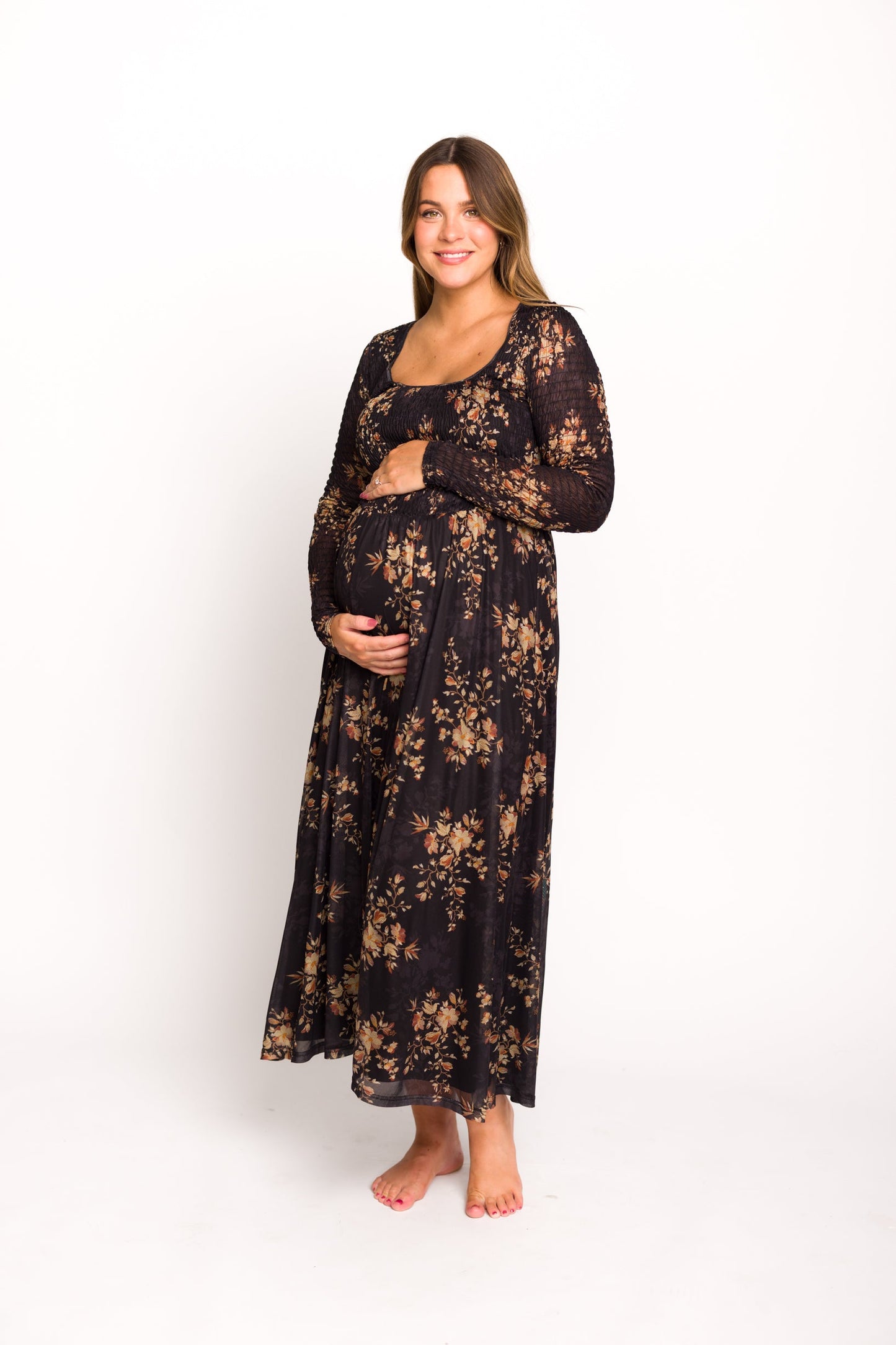 Honor Floral Smocked Woven Maxi Dress in Black - Bump Friendly