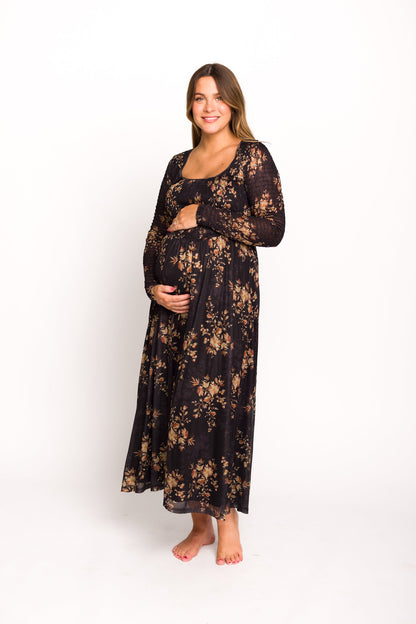 Honor Floral Smocked Woven Maxi Dress in Black - Bump Friendly