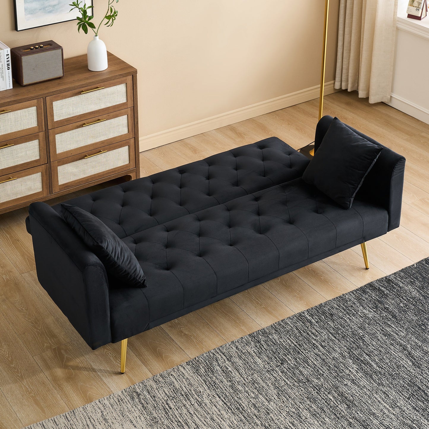 71-inch foldable double sofa, with American retro style, made of black velvet material