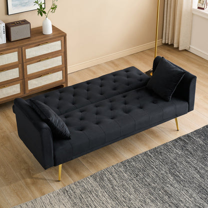 71-inch foldable double sofa, with American retro style, made of black velvet material