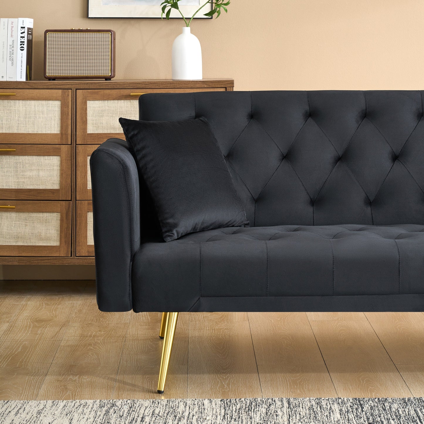 71-inch foldable double sofa, with American retro style, made of black velvet material