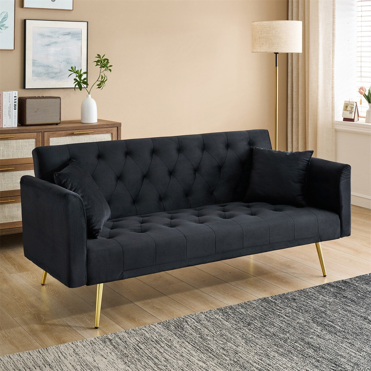 71-inch foldable double sofa, with American retro style, made of black velvet material