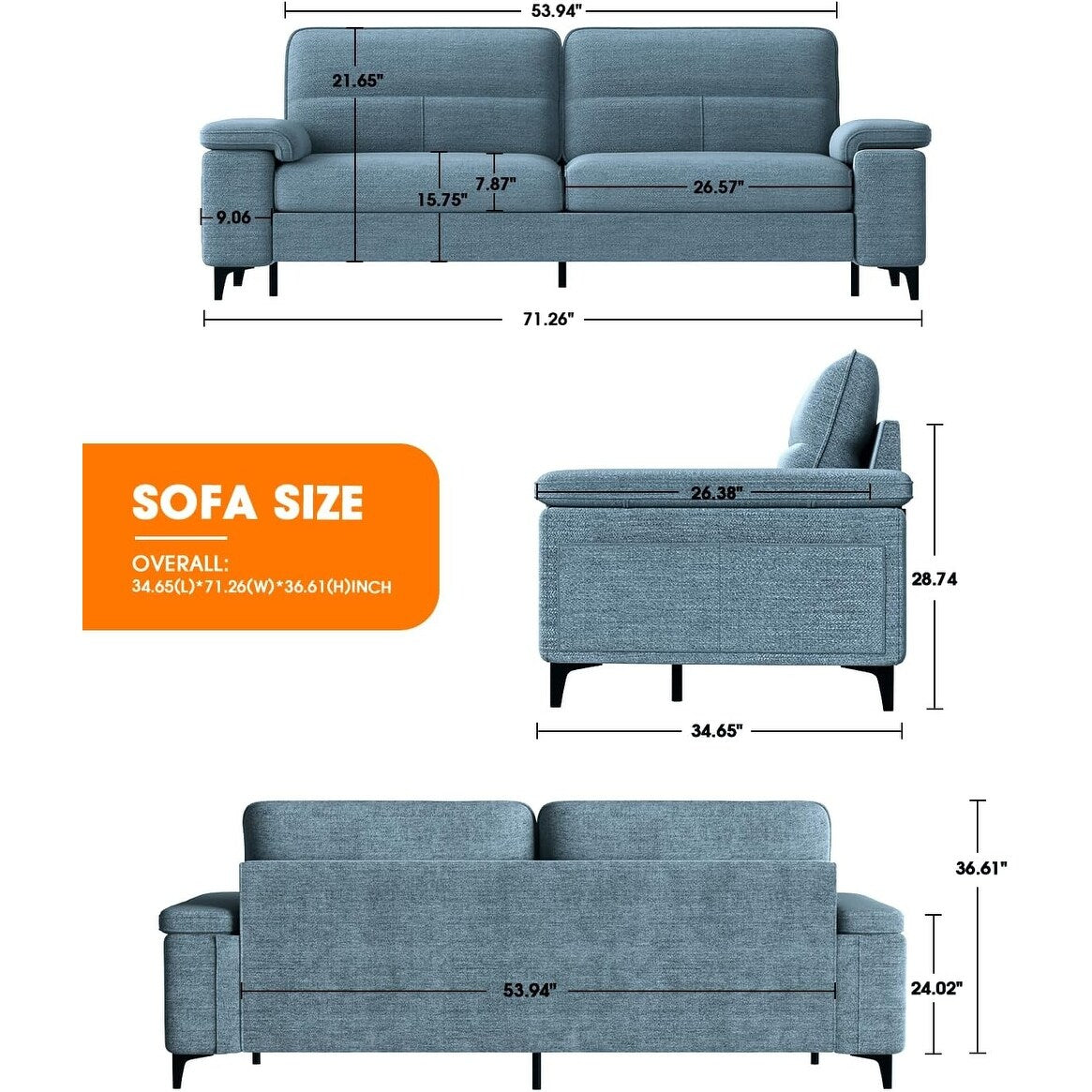 71.25 Chenille Loveseat Sofa - Deep Seat 2-Seater with 8 Cushion, Convertible Armrest & Removable Cover