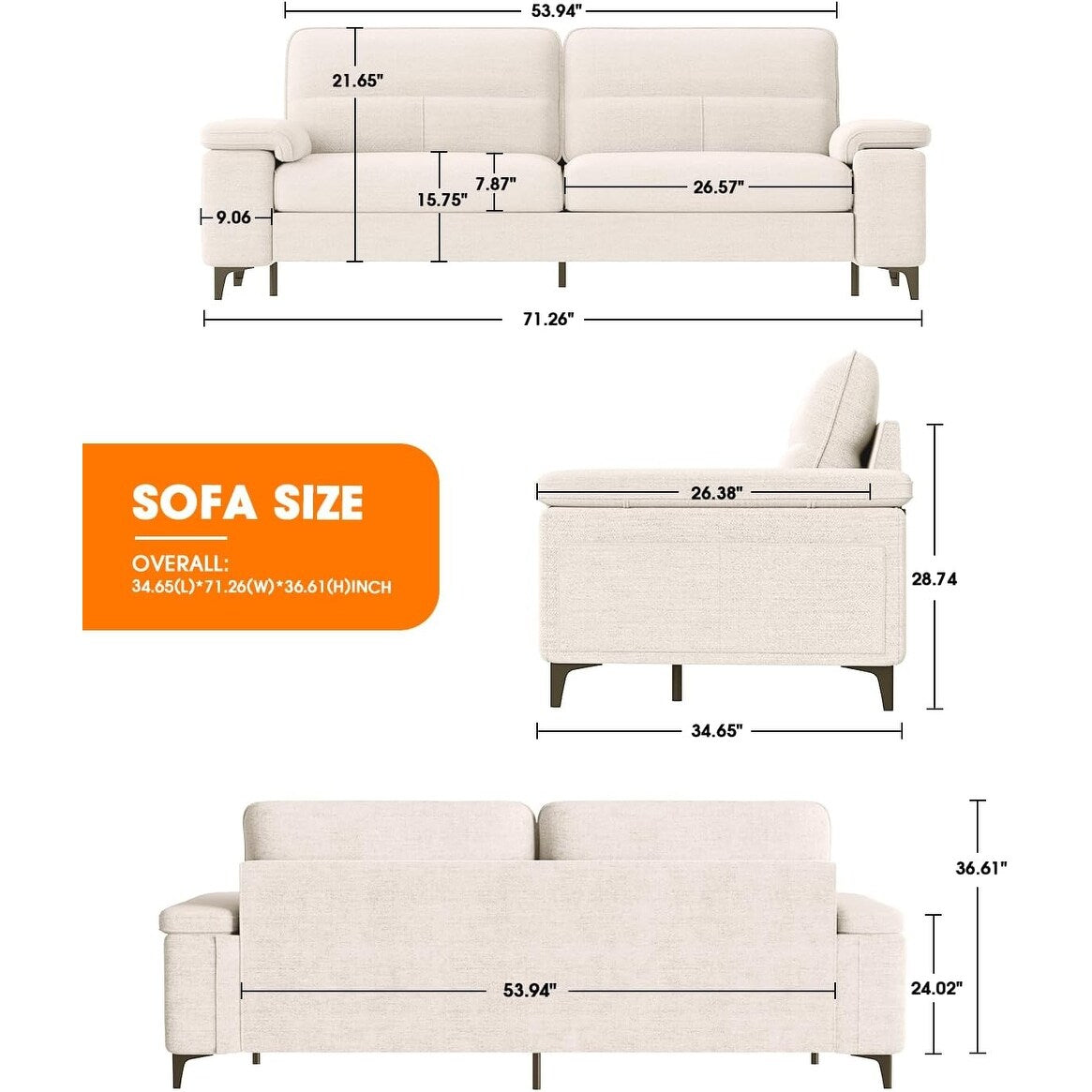 71.25 Chenille Loveseat Sofa - Deep Seat 2-Seater with 8 Cushion, Convertible Armrest & Removable Cover