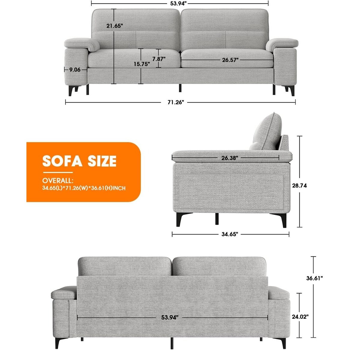 71.25 Chenille Loveseat Sofa - Deep Seat 2-Seater with 8 Cushion, Convertible Armrest & Removable Cover