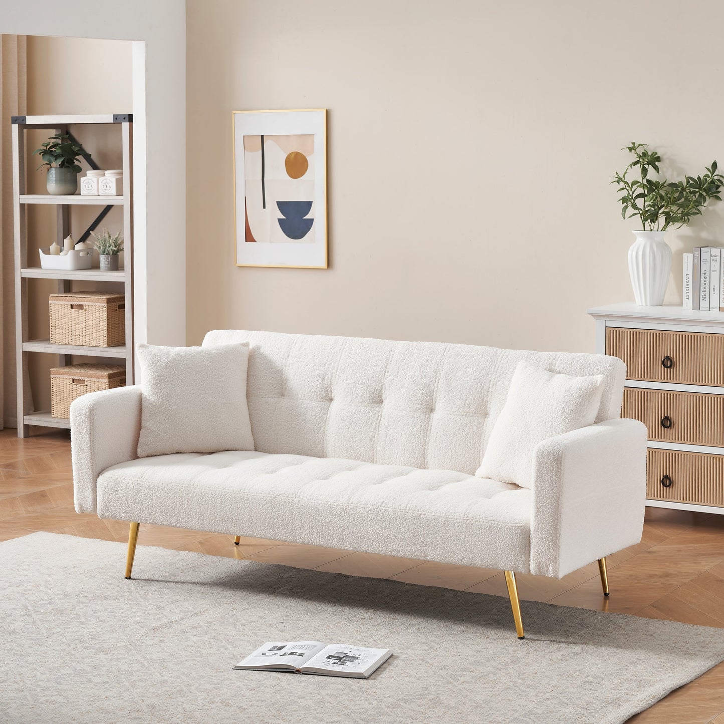 71.7 - Teddy Fleece Sofa Bed, accompanied by two charming throw pillows