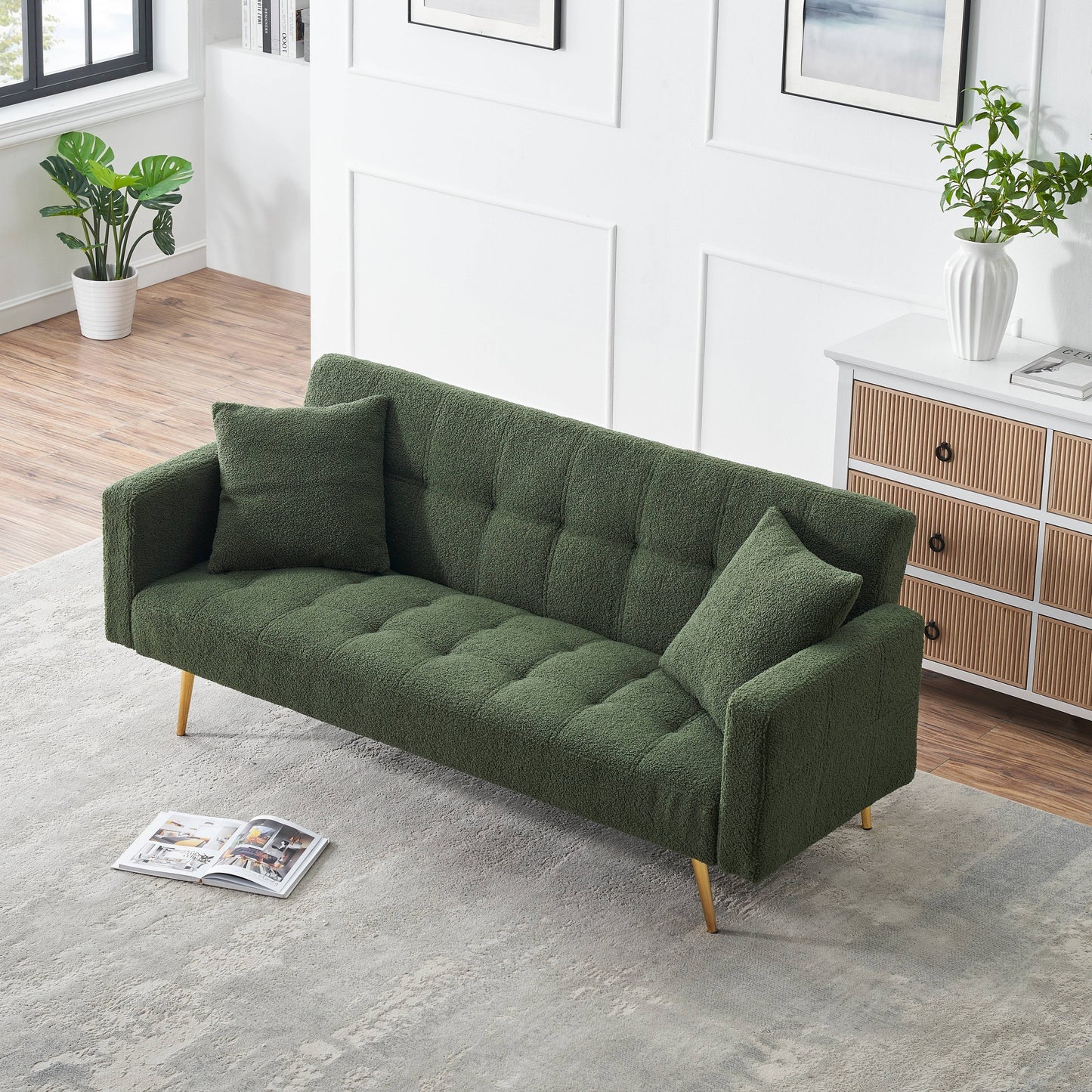 71.7 - Teddy Fleece Sofa Bed, accompanied by two charming throw pillows