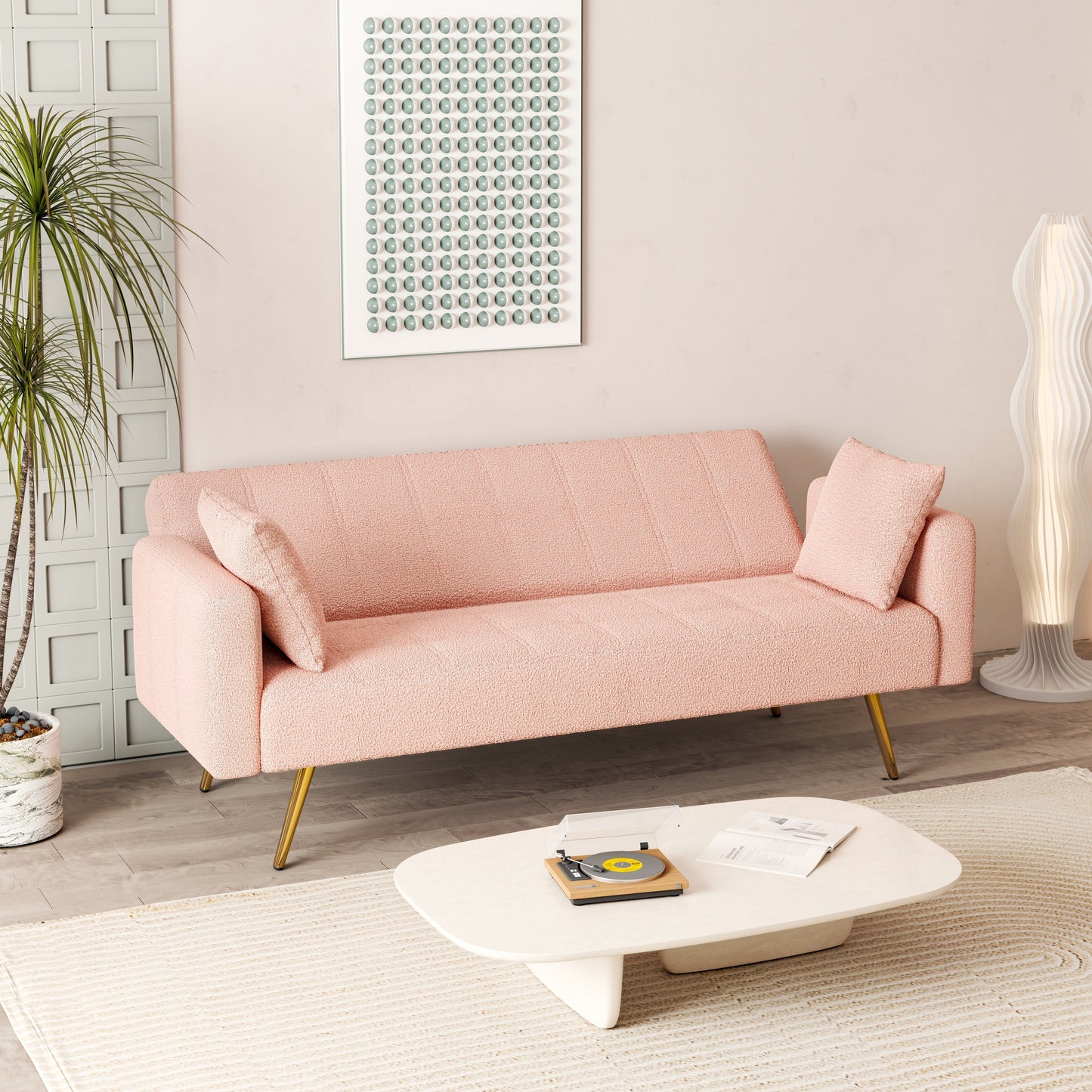 Pink Teddy Fleece Sofa Bed with Two Throw Pillows - 31.10 x 71.70 x 31.89