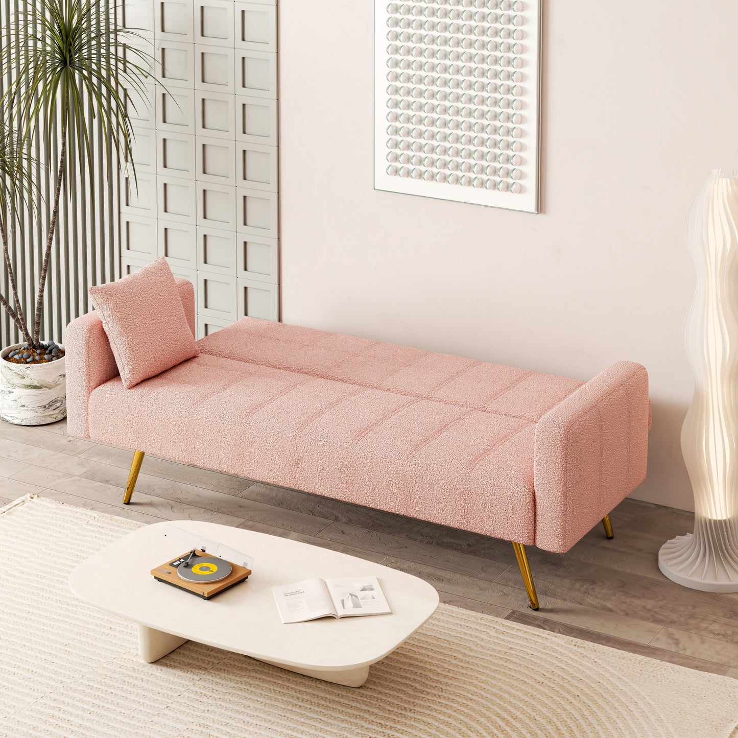 Pink Teddy Fleece Sofa Bed with Two Throw Pillows - 31.10 x 71.70 x 31.89