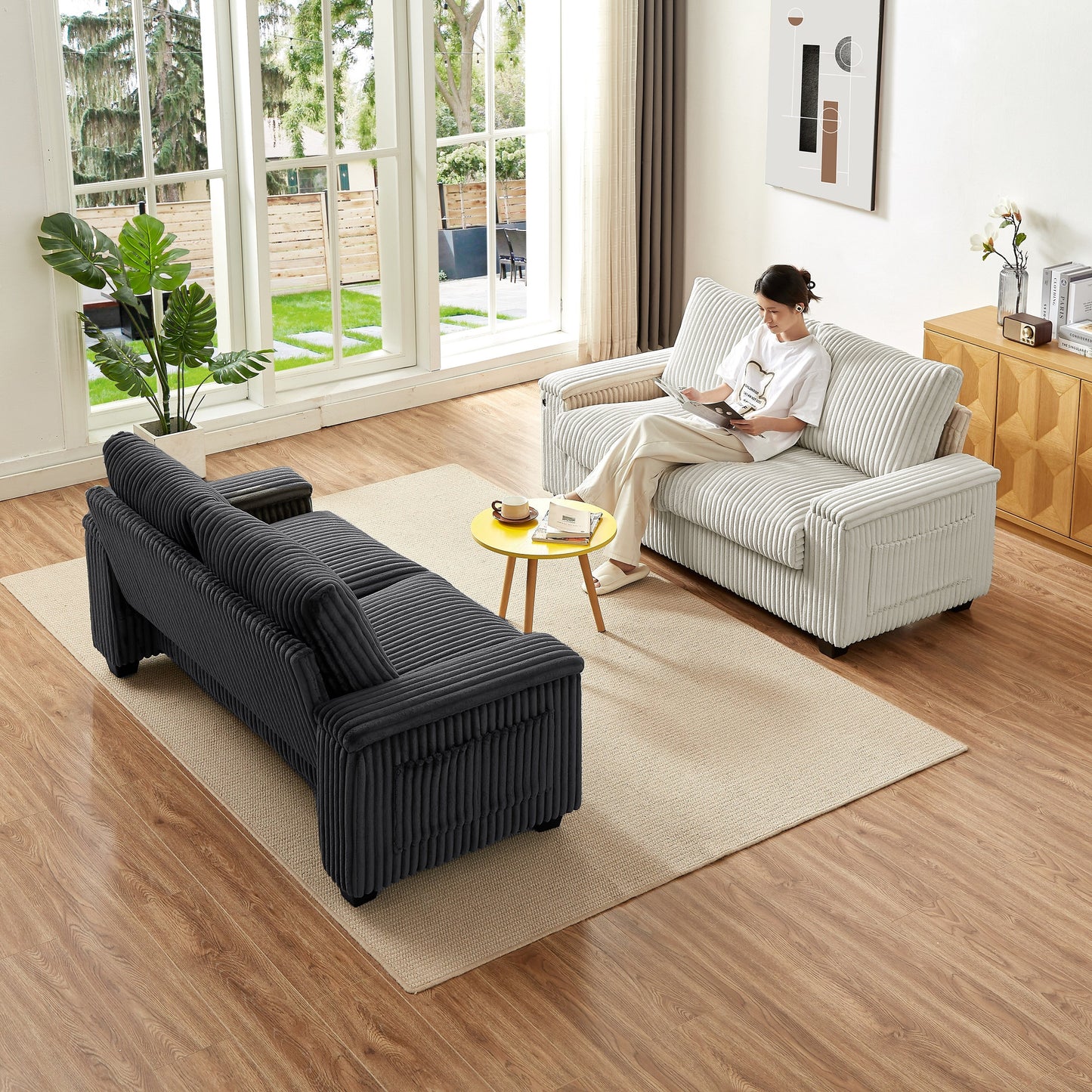 71 Fabric Loveseat Sofa with Square Storage Armrest and USB port for Living Room