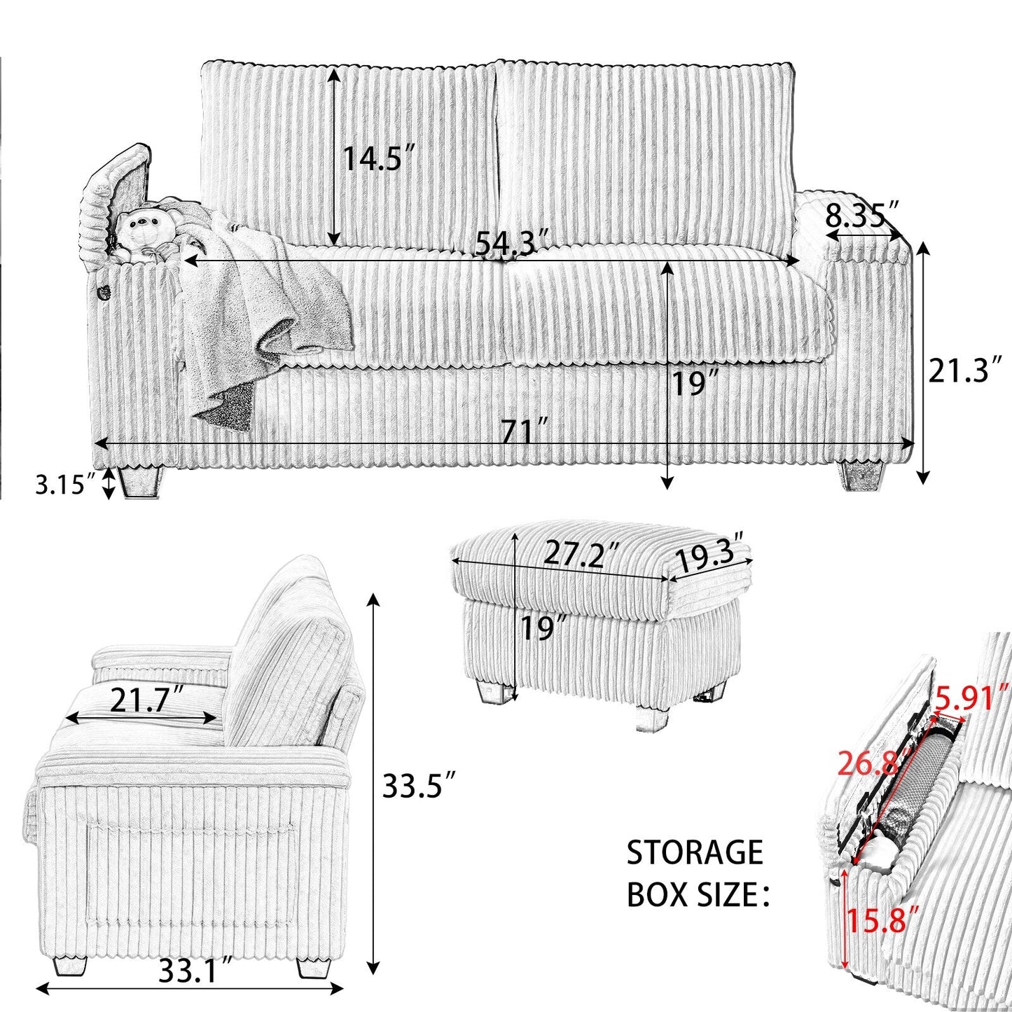 71 Fabric Loveseat Sofa with Square Storage Armrest and USB port for Living Room