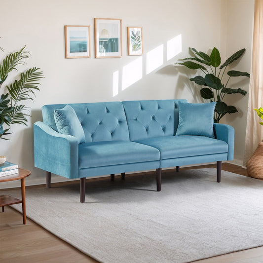71 Velvet 3-seater Sofa Bed with Two Throw Pillows and Solid Wood Frame for Living Room
