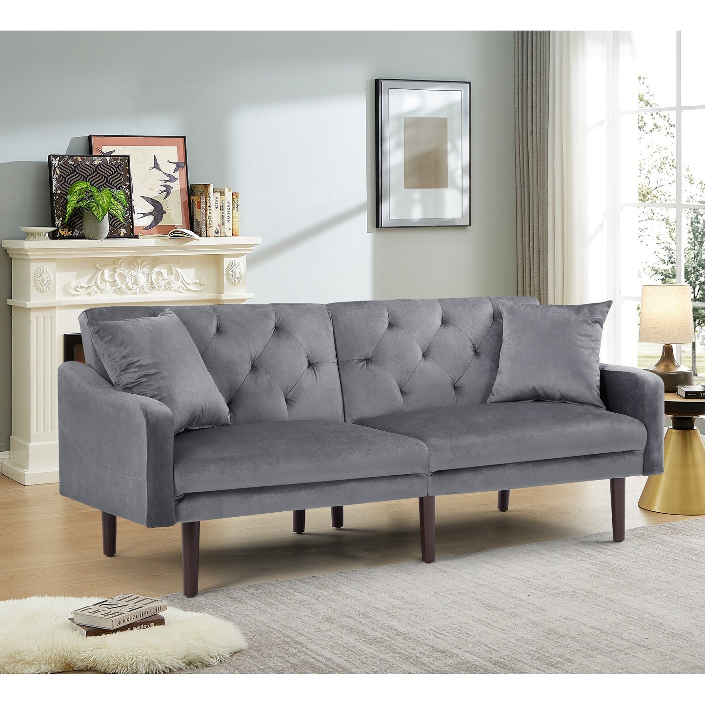71 Velvet 3-seater Sofa Bed with Two Throw Pillows and Solid Wood Frame for Living Room