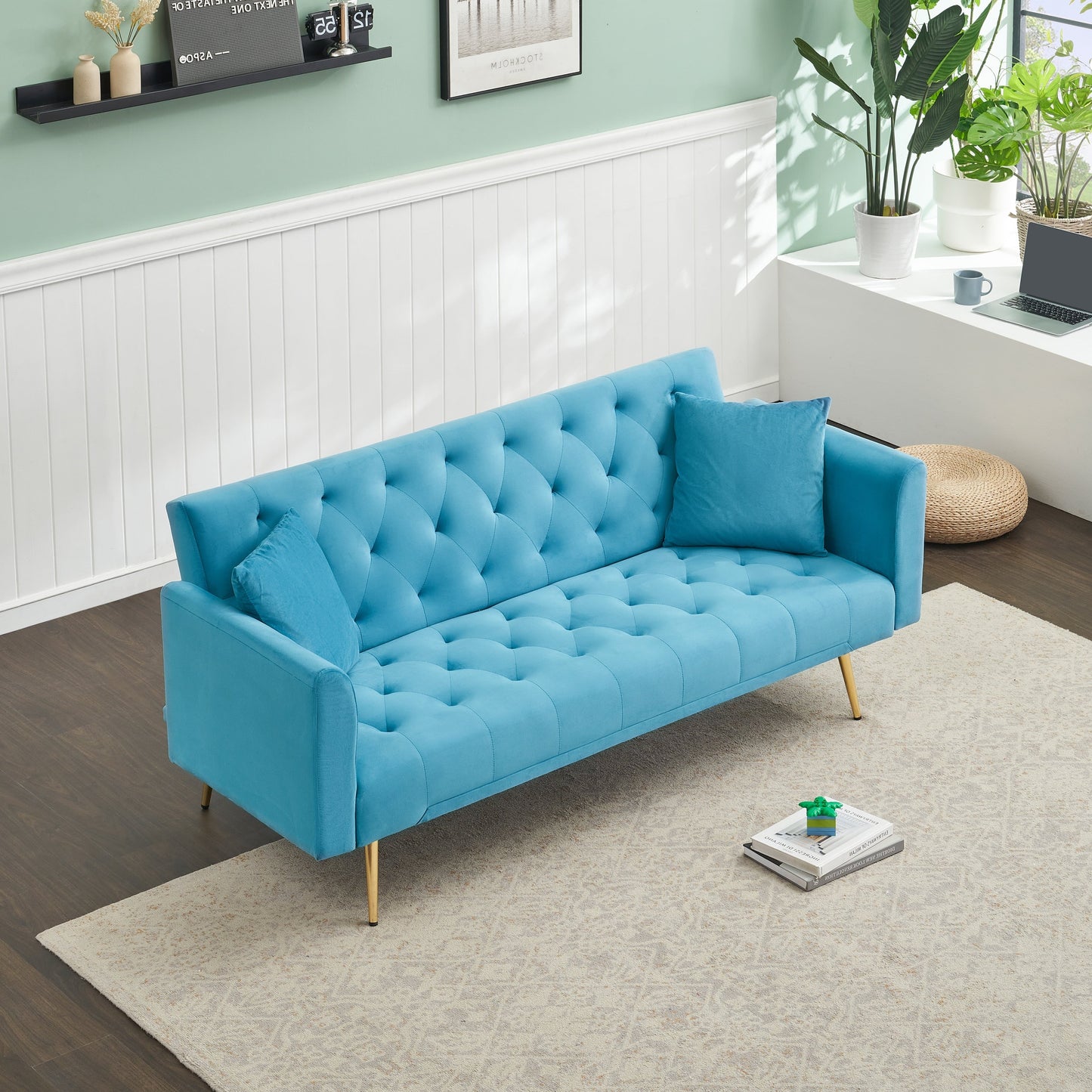 71 Velvet Convertible 3-seater Sofa Bed with Two Throw Pillows and Metal Legs for Living Room