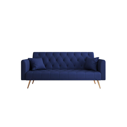 71 Velvet Convertible 3-seater Sofa Bed with Two Throw Pillows and Metal Legs for Living Room