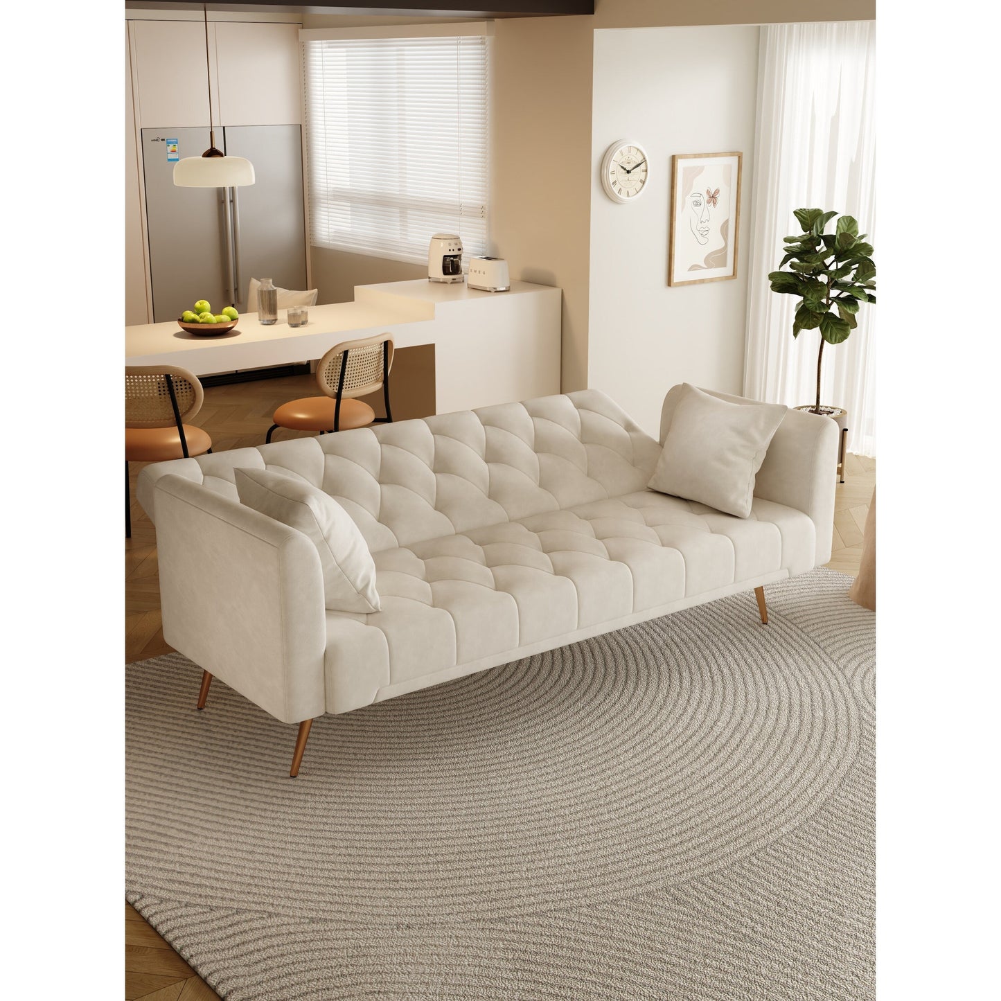 71 Velvet Convertible 3-seater Sofa Bed with Two Throw Pillows and Metal Legs for Living Room