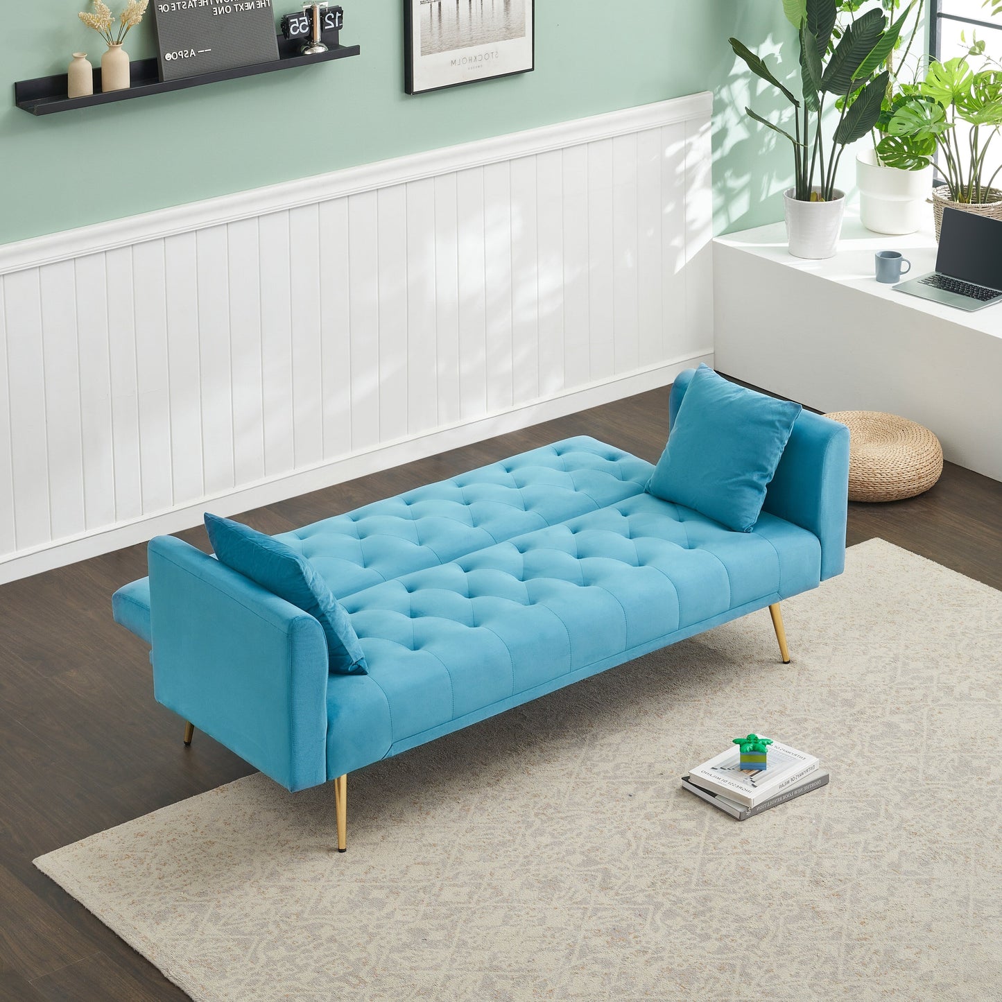 71 Velvet Convertible 3-seater Sofa Bed with Two Throw Pillows and Metal Legs for Living Room