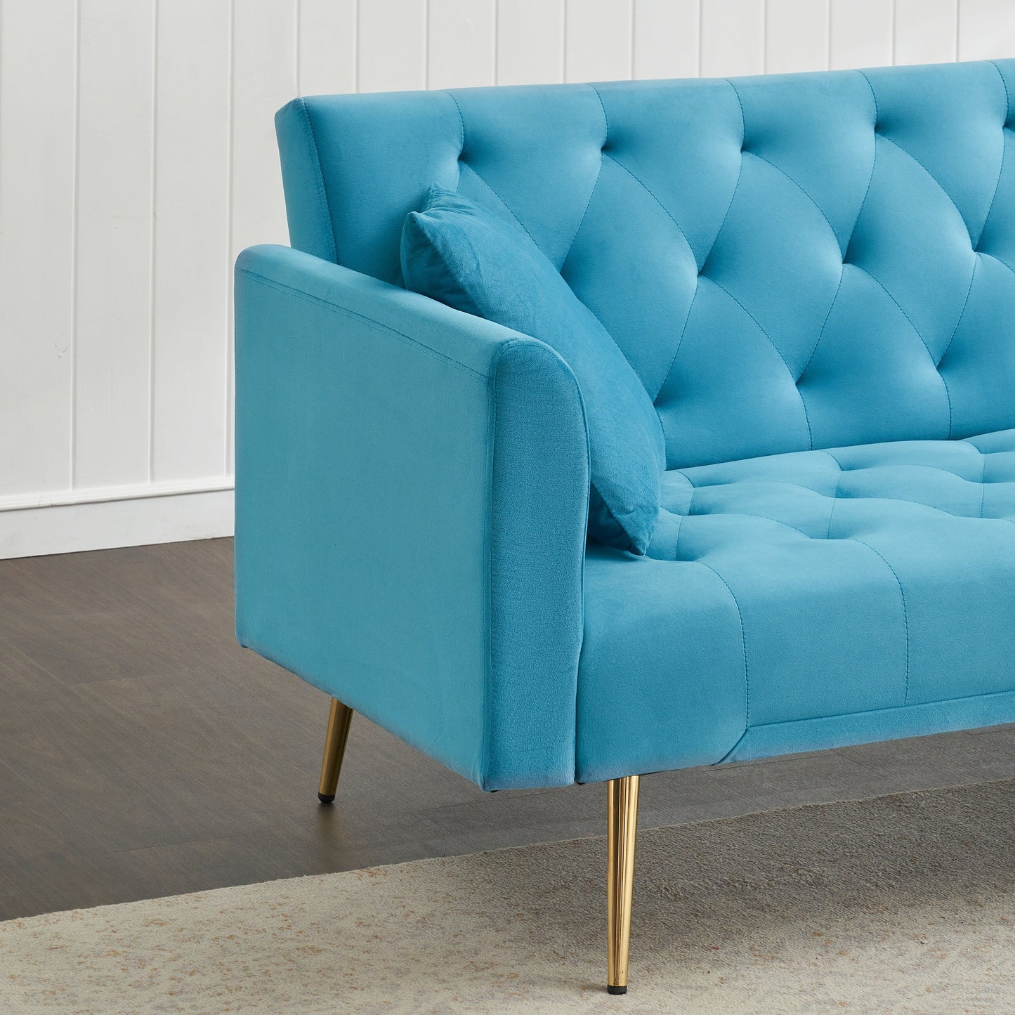71 Velvet Convertible 3-seater Sofa Bed with Two Throw Pillows and Metal Legs for Living Room