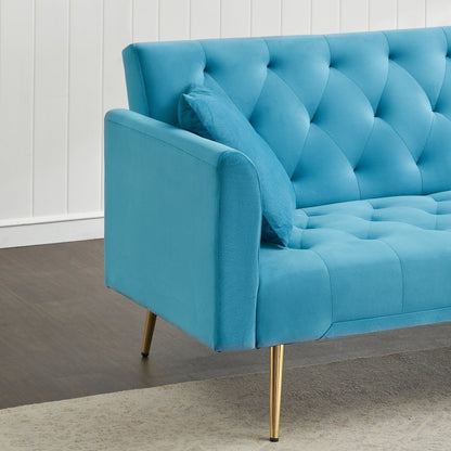 71 Velvet Convertible 3-seater Sofa Bed with Two Throw Pillows and Metal Legs for Living Room