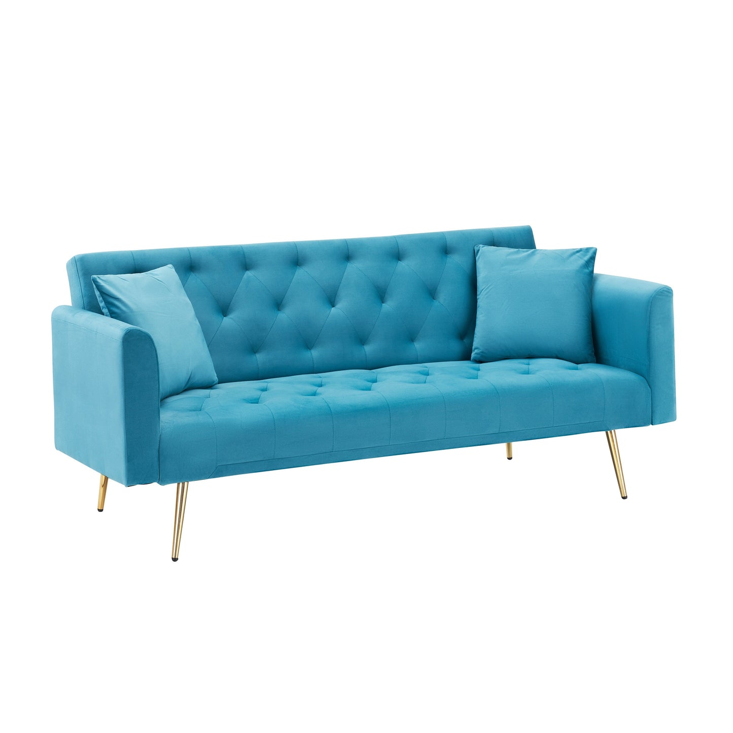 71 Velvet Convertible 3-seater Sofa Bed with Two Throw Pillows and Metal Legs for Living Room