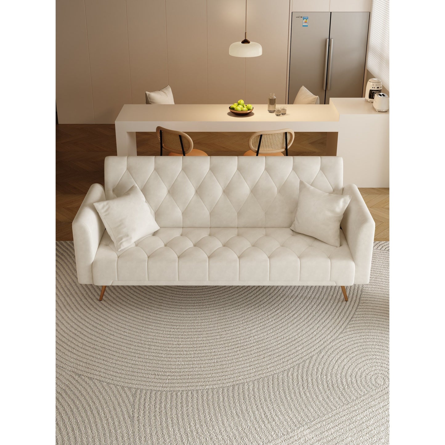 71 Velvet Convertible 3-seater Sofa Bed with Two Throw Pillows and Metal Legs for Living Room