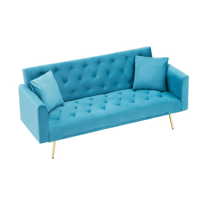 71 Velvet Convertible 3-seater Sofa Bed with Two Throw Pillows and Metal Legs for Living Room